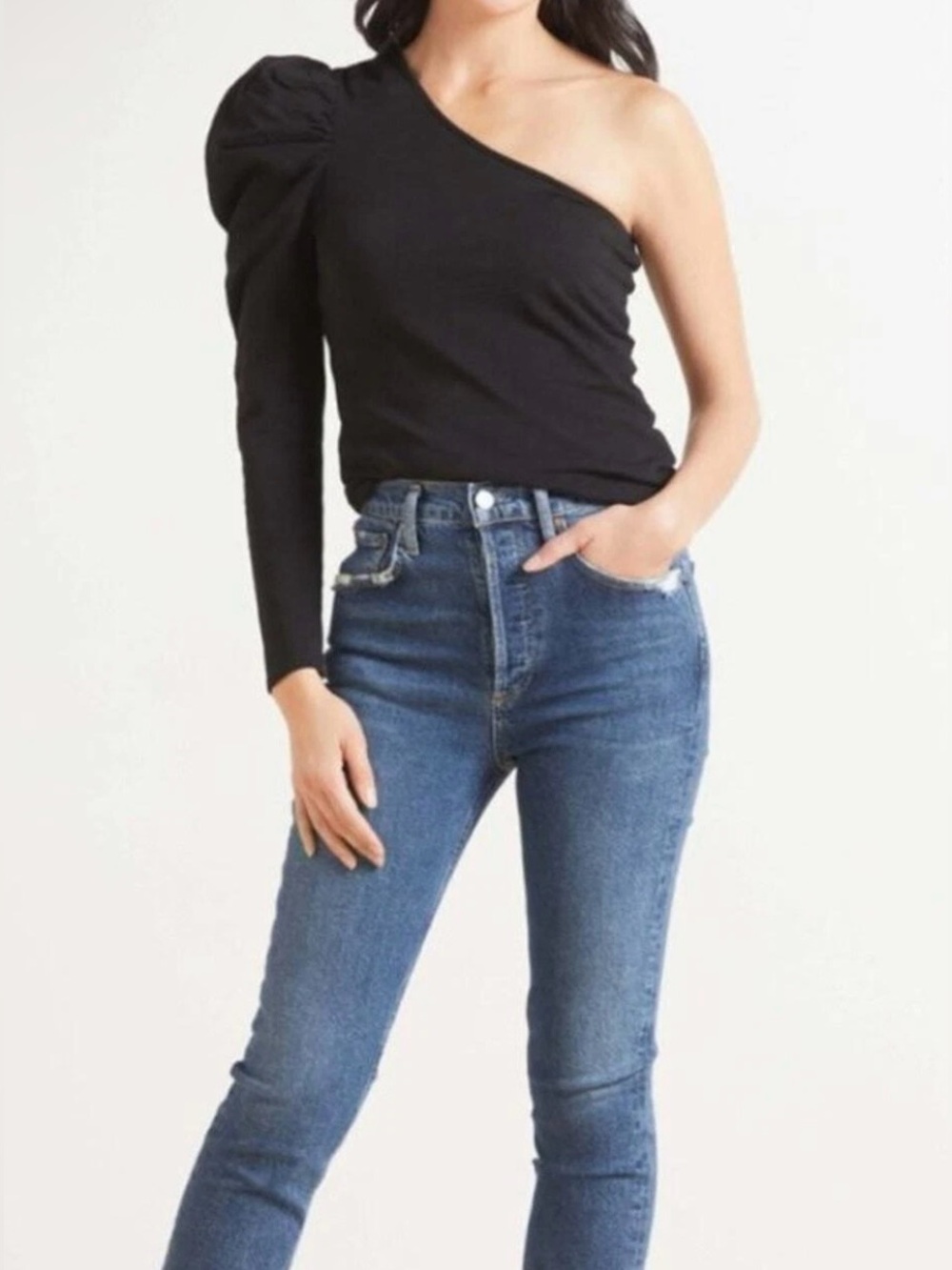 Nation LTD Black Cotton One-Shoulder Puff-Sleeve Blouse - Size M